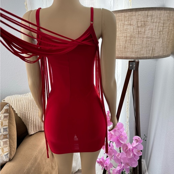 Red Retro Sheath Dress Size S Small Fringe Tassel Spaghetti Strap Peep Pt Toe - Picture 4 of 14